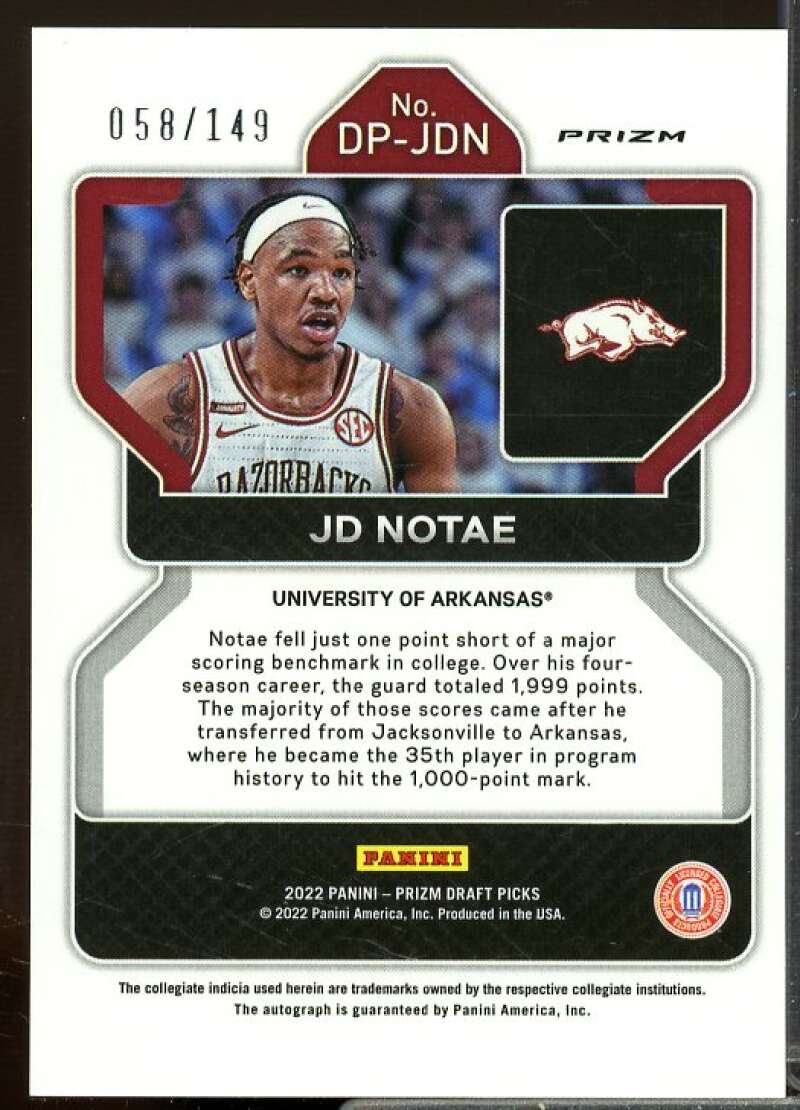 JD Notae 2022-23 Panini Prizm Draft Picks Draft Picks Autograph Prizms Blue #56  Image 2