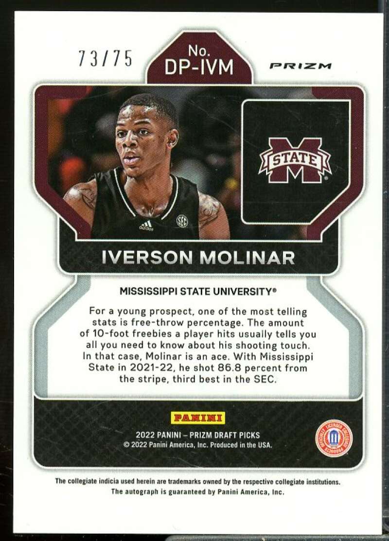 Iverson Molinar 2022-23 Panini Prizm Draft Picks Autographs Prizms Blue Ice #62  Image 2