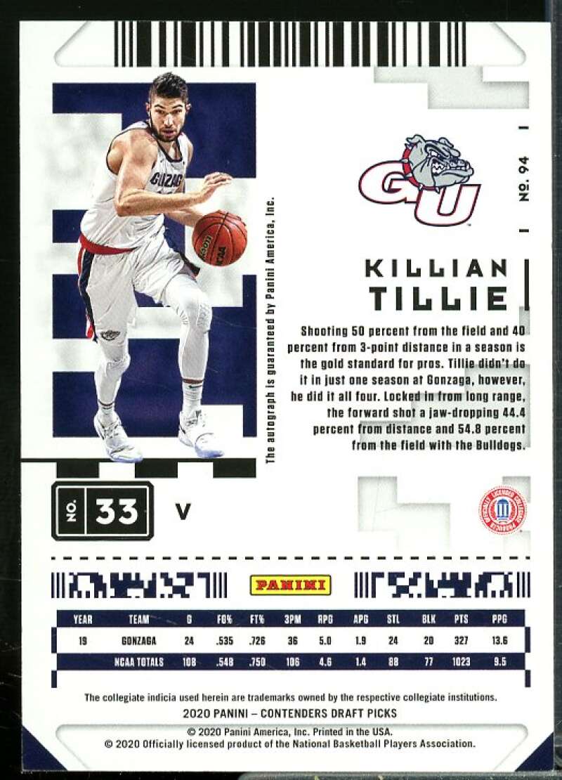 Killian Tillie AU Rookie Card 2020-21 Panini Contenders Draft Picks #94  Image 2