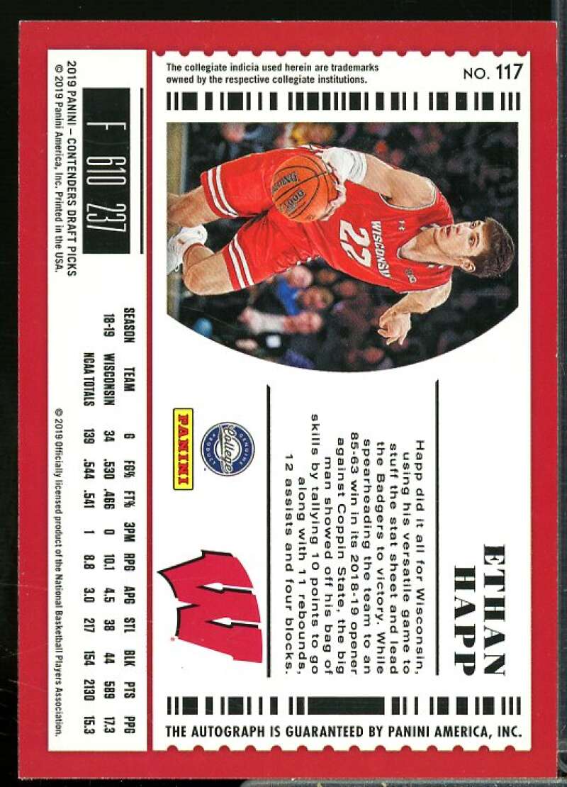 Ethan Happ AU 2019-20 Panini Contenders Draft Picks Draft Ticket Blue Foil #117  Image 2