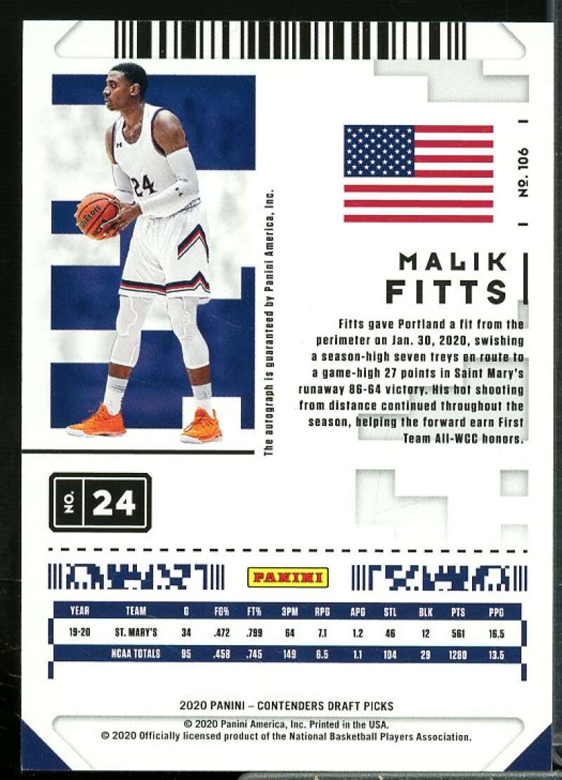 Malik Fitts AU Rookie Card 2020-21 Panini Contenders Draft Picks #106  Image 2