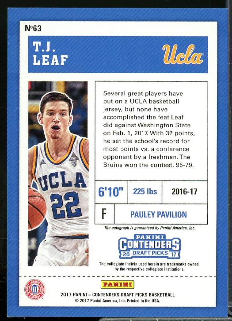 T.J. Leaf AU Rookie Card 2017-18 Panini Contenders Draft Picks #63  Image 2