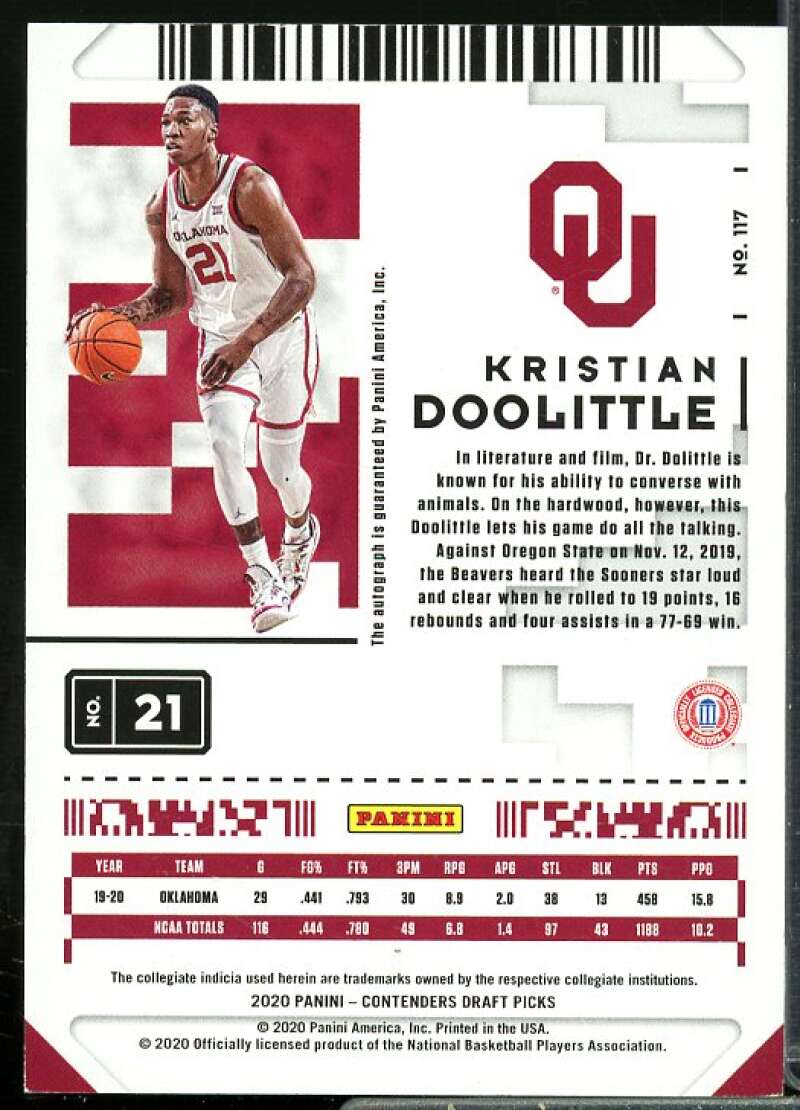 Kristian Doolittle AU 2020-21 Panini Contenders Draft Picks Game Ticket Red #117  Image 2