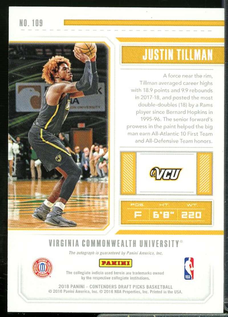 Justin Tillman AU Rookie Card 2018-19 Panini Contenders Draft Picks #109  Image 2