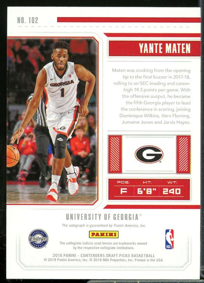 Yante Maten AU Rookie Card 2018-19 Panini Contenders Draft Picks #102  Image 2