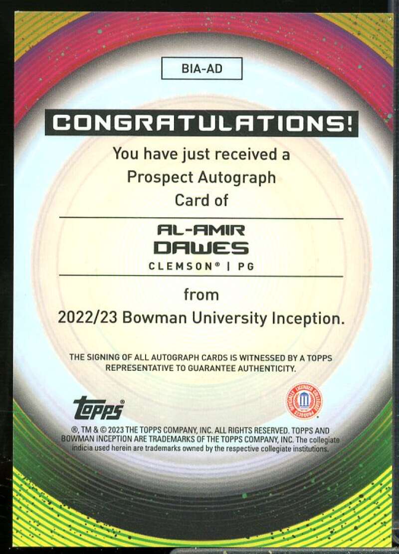 Al-Amir Dawes Rookie Card 2022-23 Bowman Inception University Autographs #BIAAD  Image 2