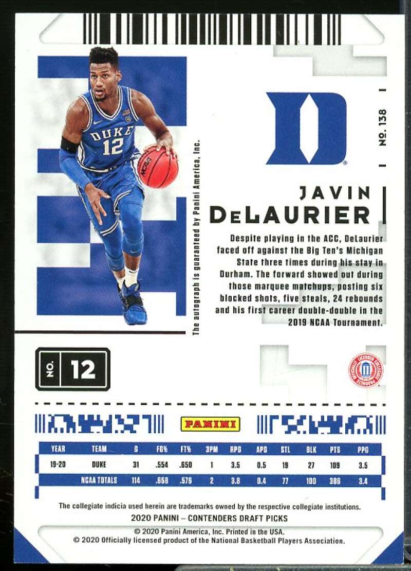 Javin DeLaurier AU 2020-21 Panini Contenders Draft Picks Game Ticket Blue #138  Image 2