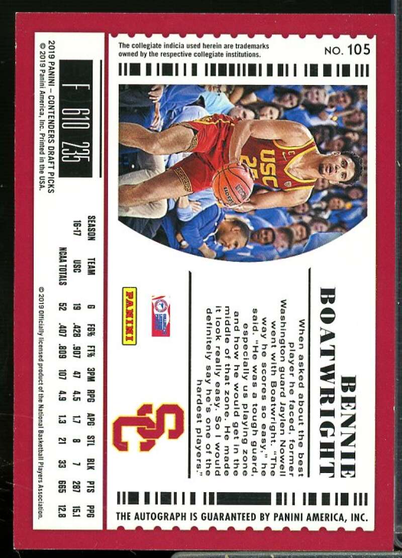 Bennie Boatwright AU Rookie Card 2019-20 Panini Contenders Draft Picks #105  Image 2