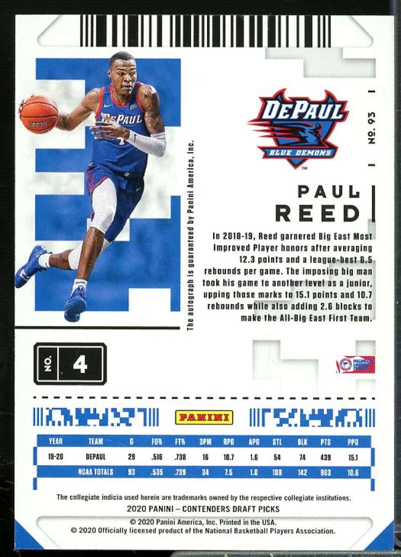 Paul Reed AU Rookie Card 2020-21 Panini Contenders Draft Picks #93  Image 2