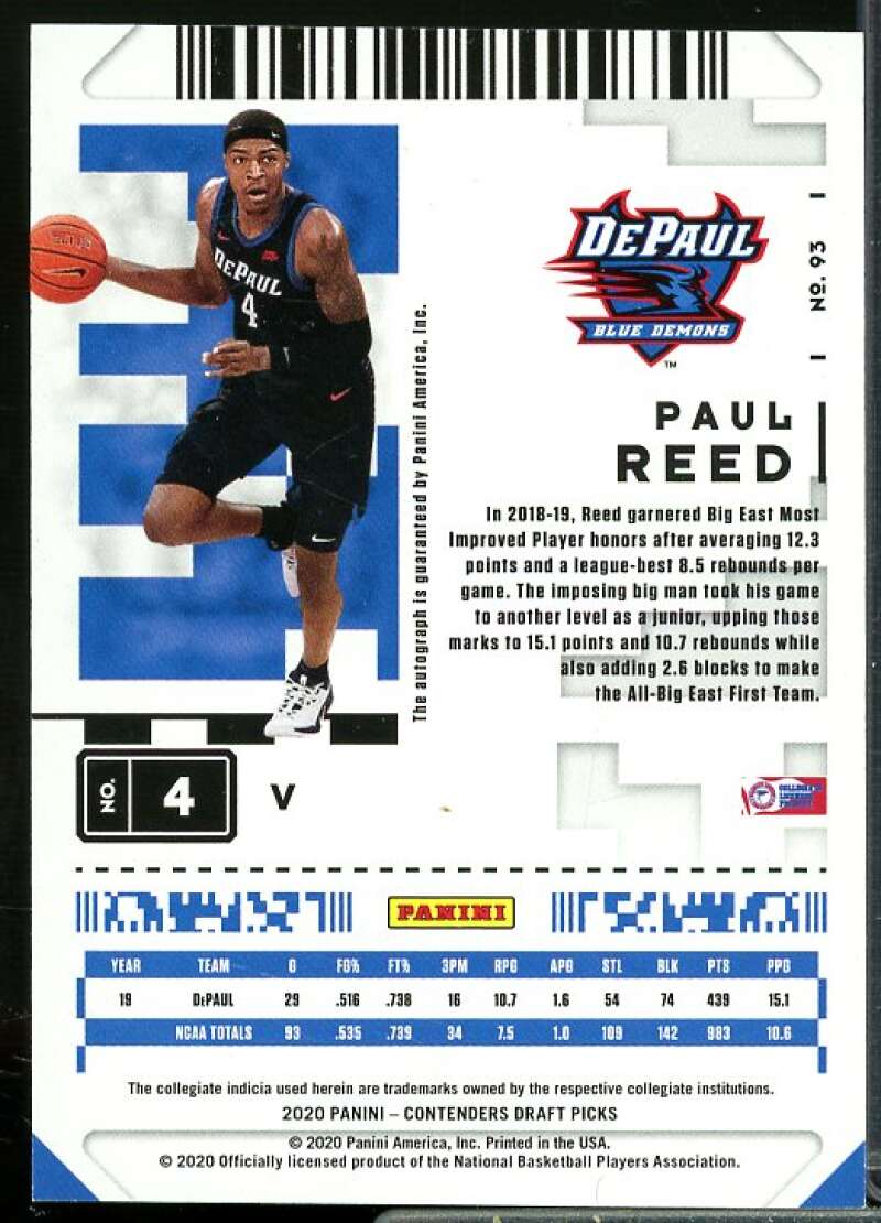 Paul Reed AU Rookie Card 2020-21 Panini Contenders Draft Picks Variations #93  Image 2