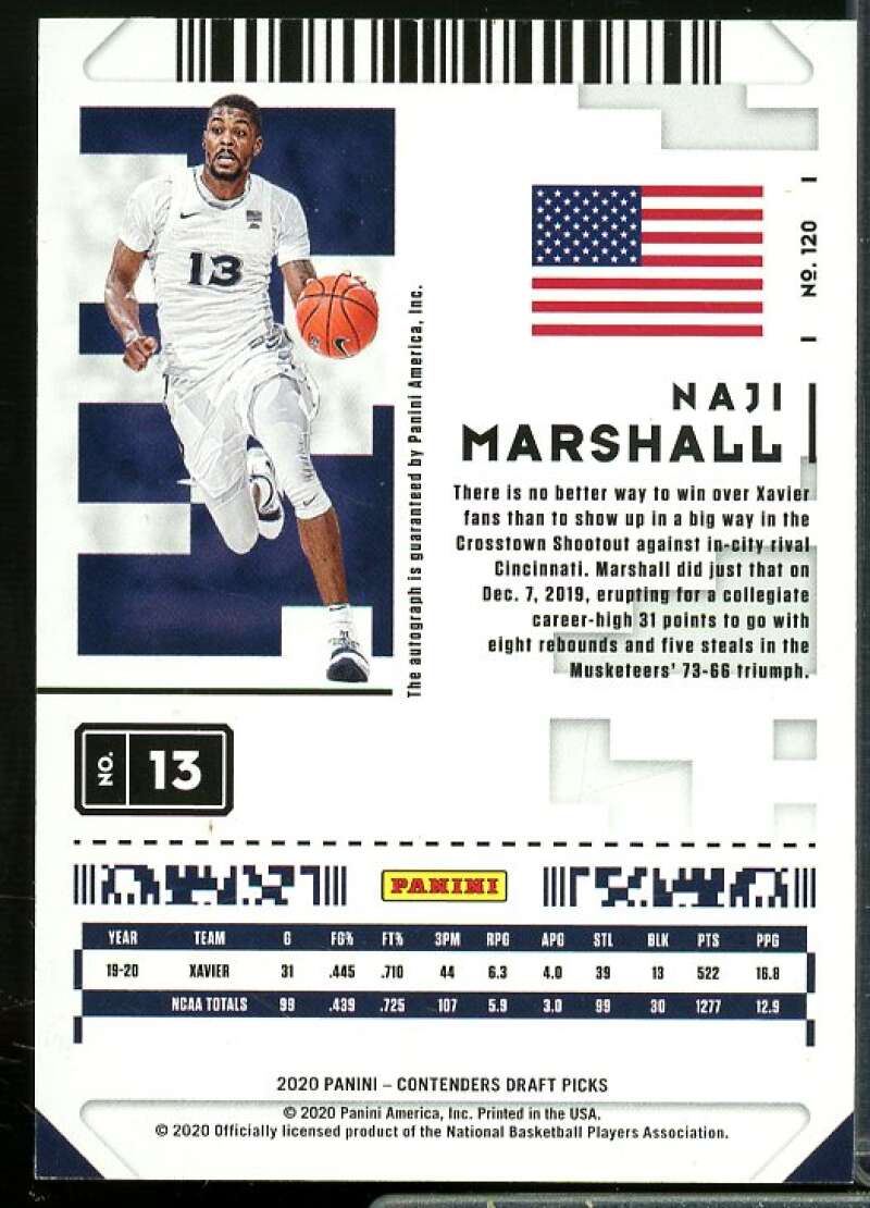 Naji Marshall AU Rookie Card 2020-21 Panini Contenders Draft Picks #120  Image 2