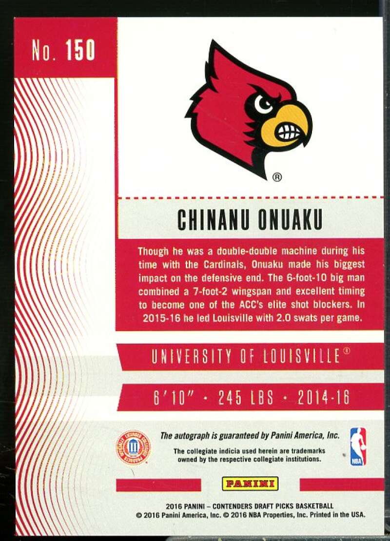 Chinanu Onuaku AU/White jersey 2016-17 Panini Contenders Draft Ticket #150B  Image 2