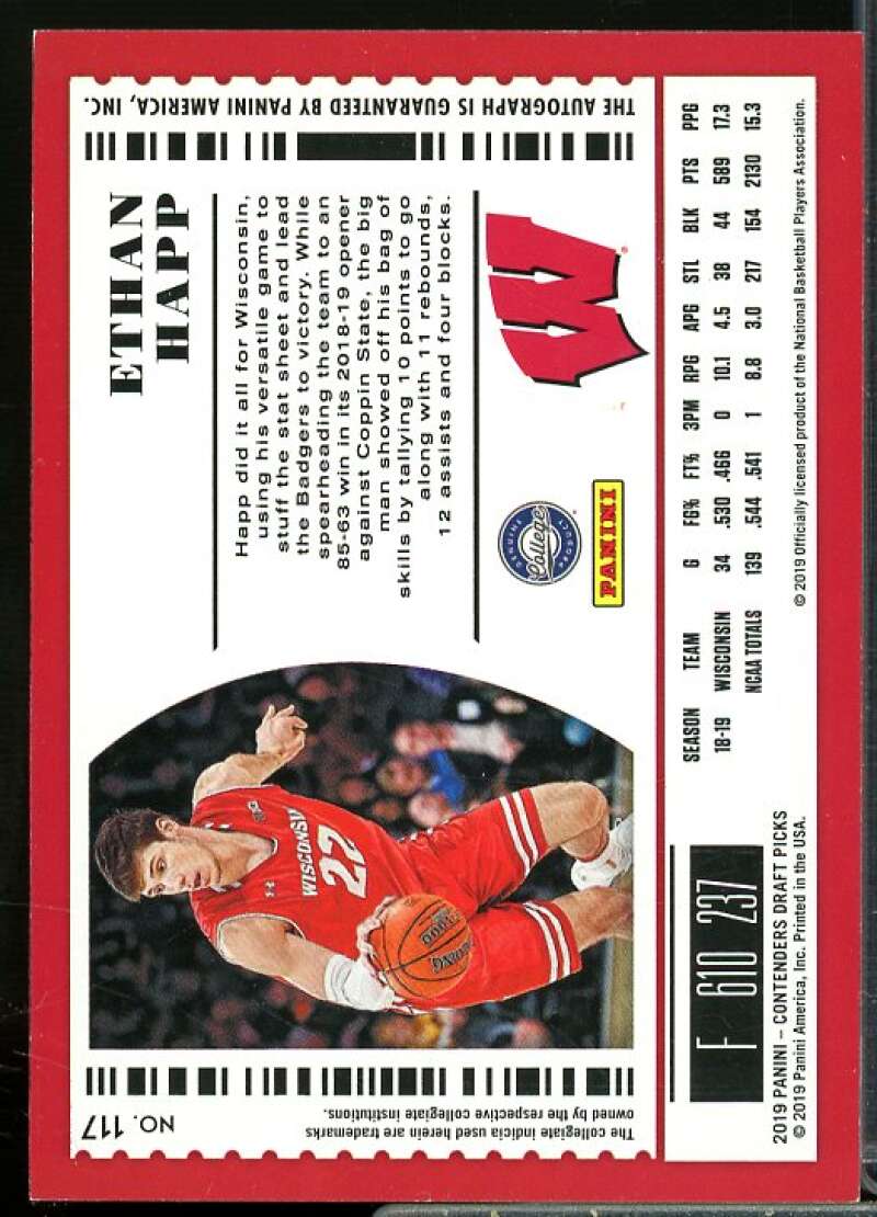 Ethan Happ AU 2019-20 Panini Contenders Draft Picks Draft Ticket Blue Foil #117  Image 2