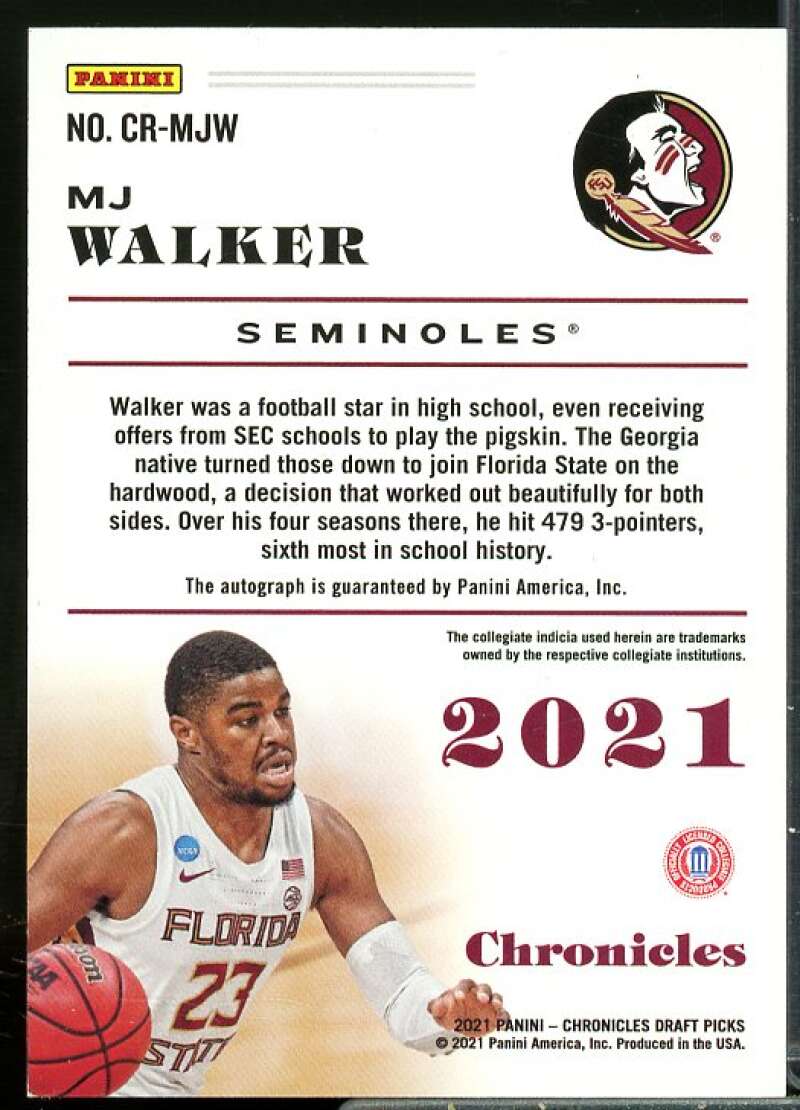 MJ Walker Card 2021-22 Panini Chronicles Draft Picks Rookie Signatures Pink #37  Image 2