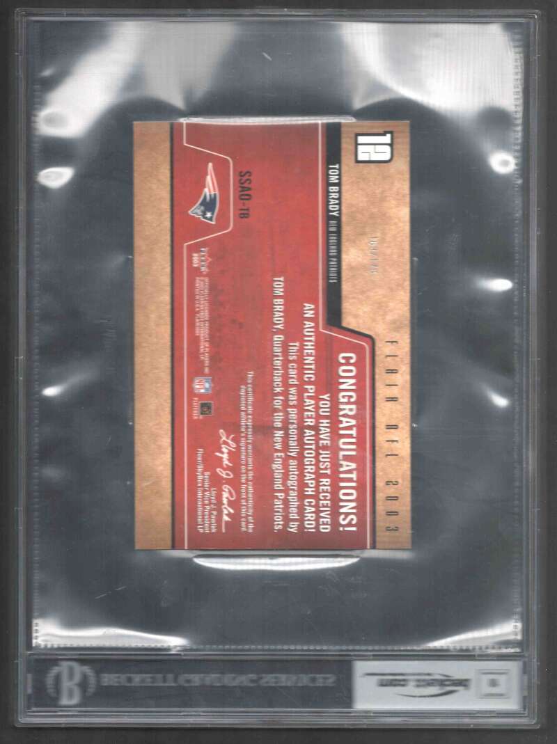 Tom Brady Card 2003 Flair Sweet Swatch Autographs #TB BGS 6 Image 2