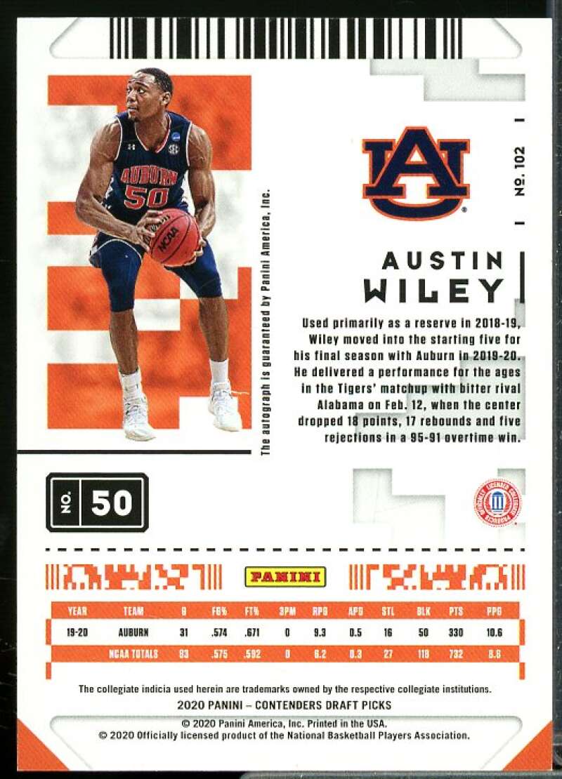 Austin Wiley AU Card 2020-21 Panini Contenders Draft Picks Game Ticket Red #102  Image 2