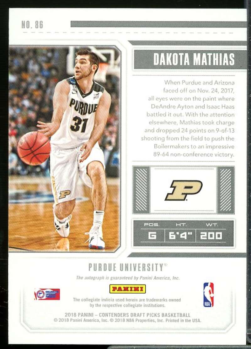 Dakota Mathias AU Rookie Card 2018-19 Panini Contenders Draft Picks #86  Image 2