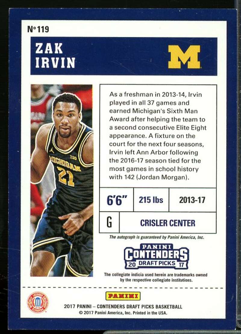 Zak Irvin AU Rookie Card 2017-18 Panini Contenders Draft Picks #119  Image 2