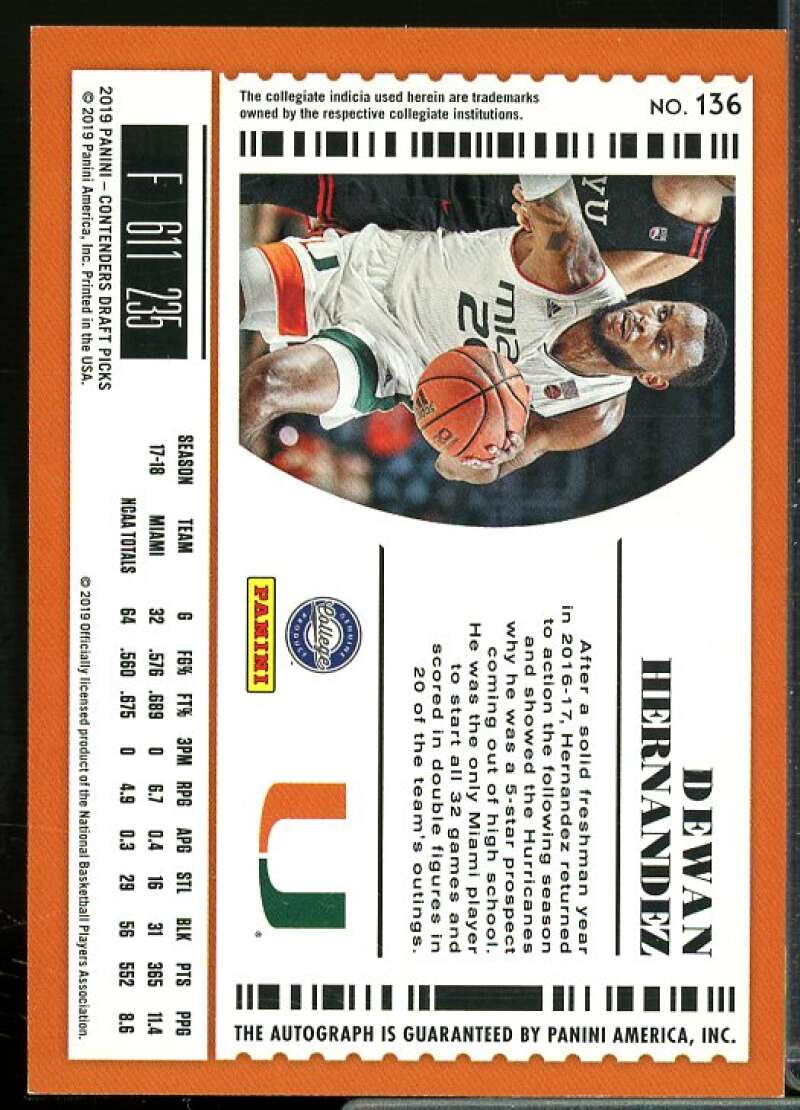 Dewan Hernandez AU Rookie Card 2019-20 Panini Contenders Draft Picks #136  Image 2