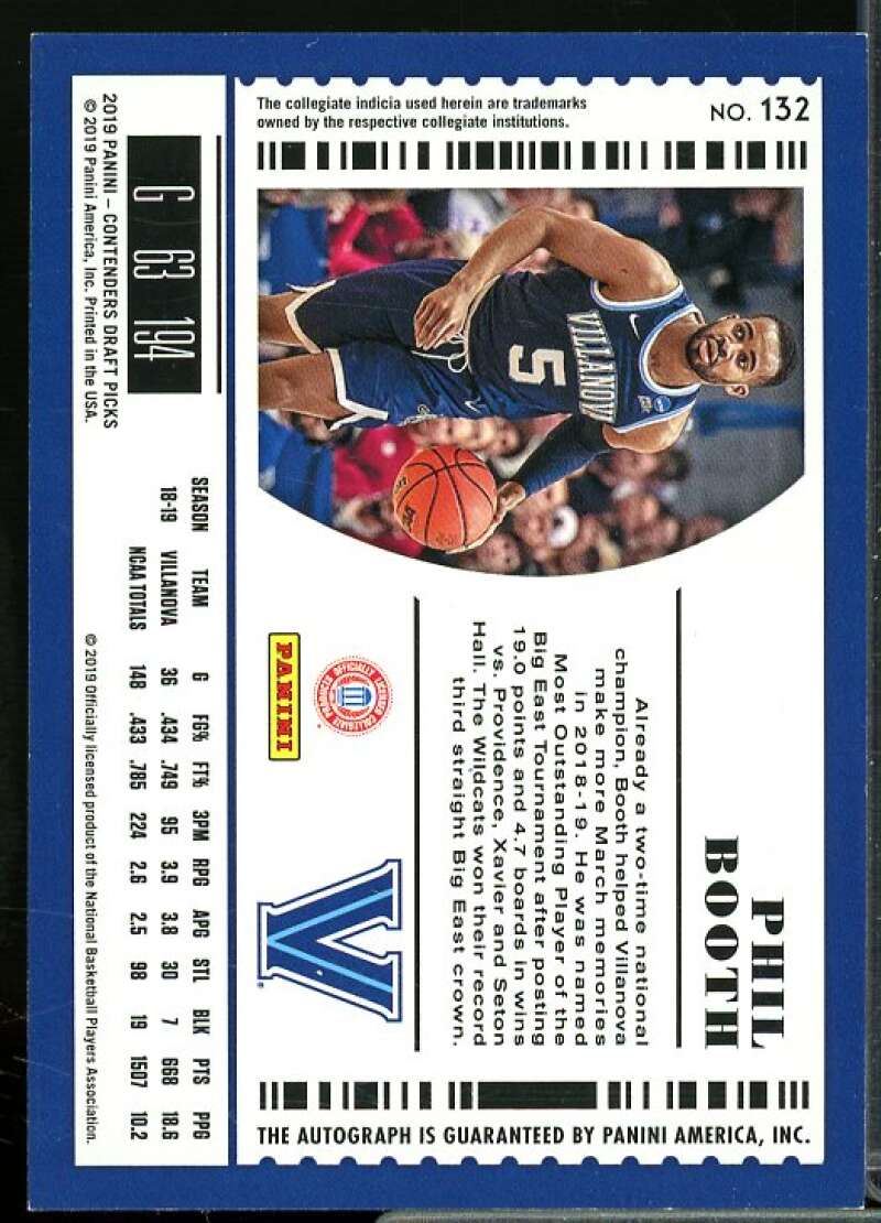 Phil Booth AU Rookie Card 2019-20 Panini Contenders Draft Picks #132  Image 2