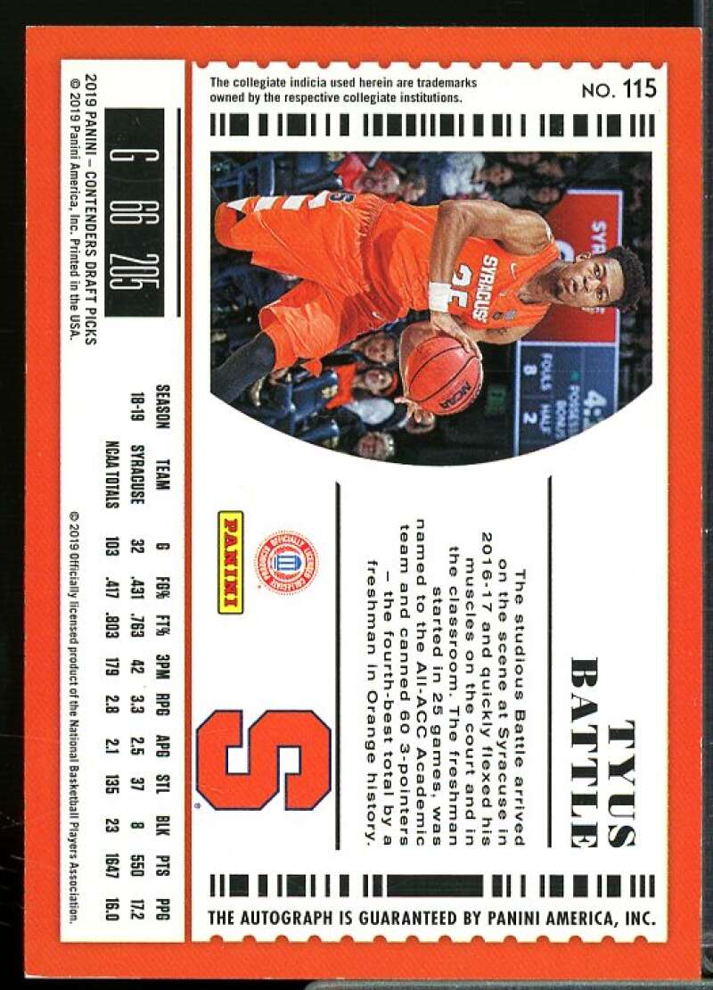 Tyus Battle AU Rookie Card 2019-20 Panini Contenders Draft Picks #115  Image 2