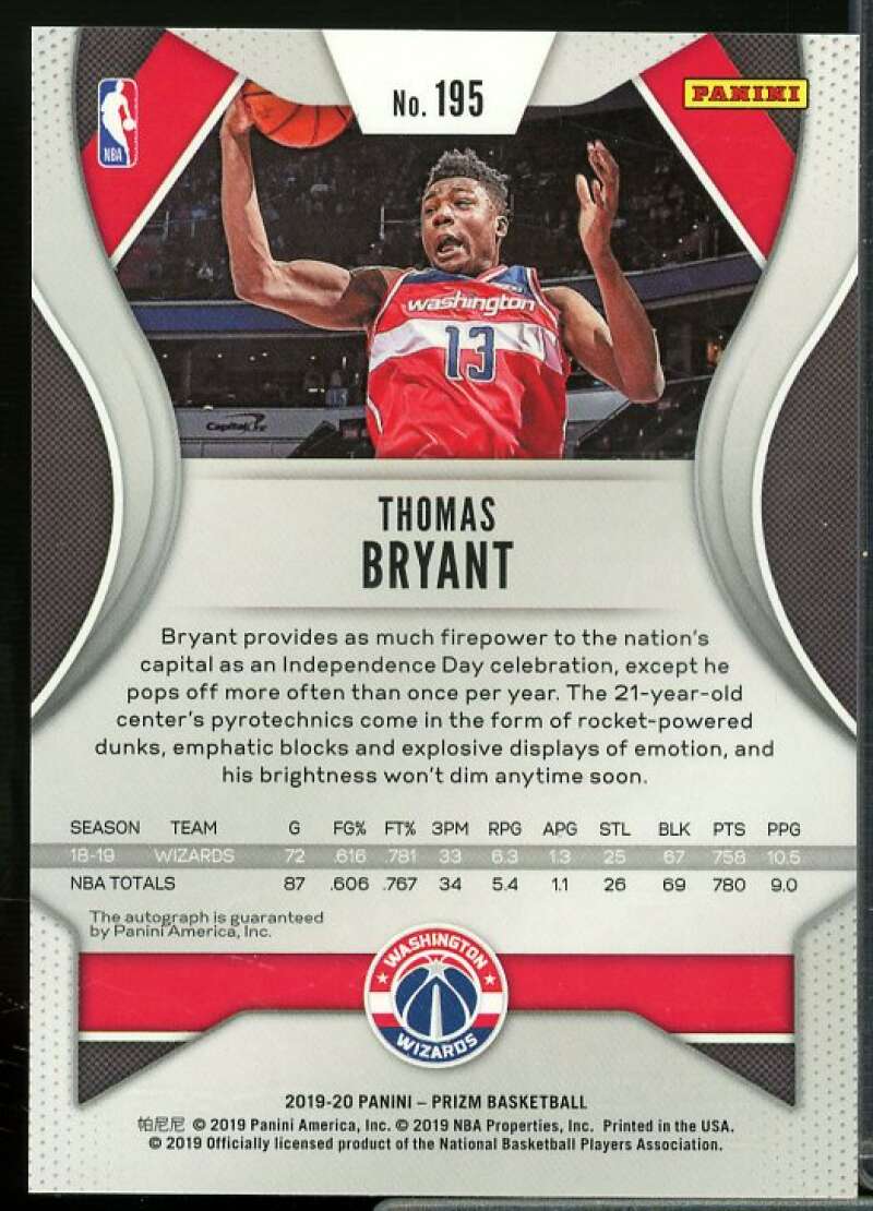 Thomas Bryant Rookie Card 2019-20 Panini Prizm Signatures #195  Image 2