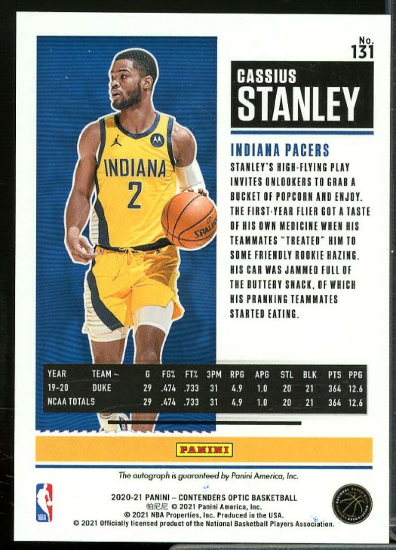 Cassius Stanley AU Rookie Card 2020-21 Panini Contenders Optic #131  Image 2