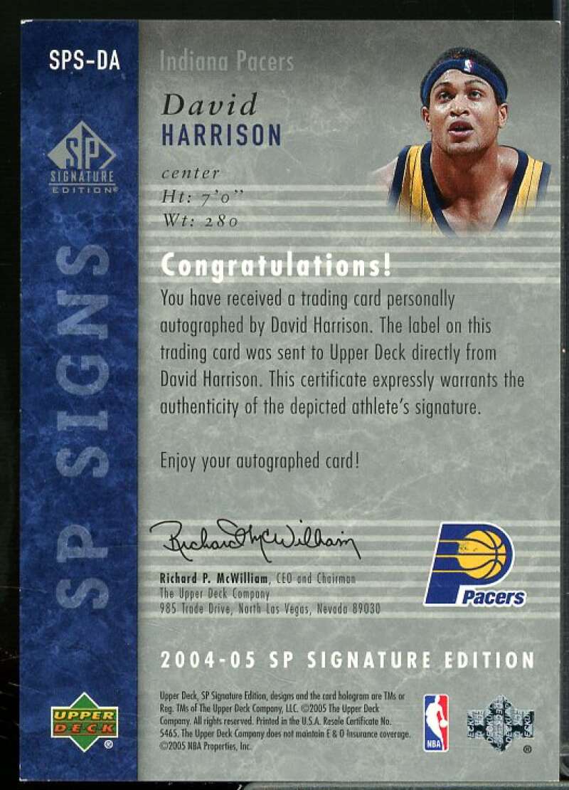 David Harrison/100 Rookie Card 2004-05 SP Signature Edition SP Signs #DA  Image 2