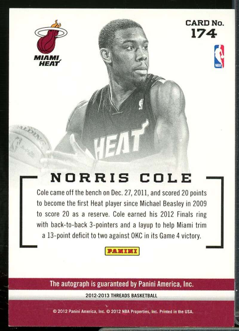 Norris Cole AU Rookie Card 2012-13 Panini Threads #174  Image 2