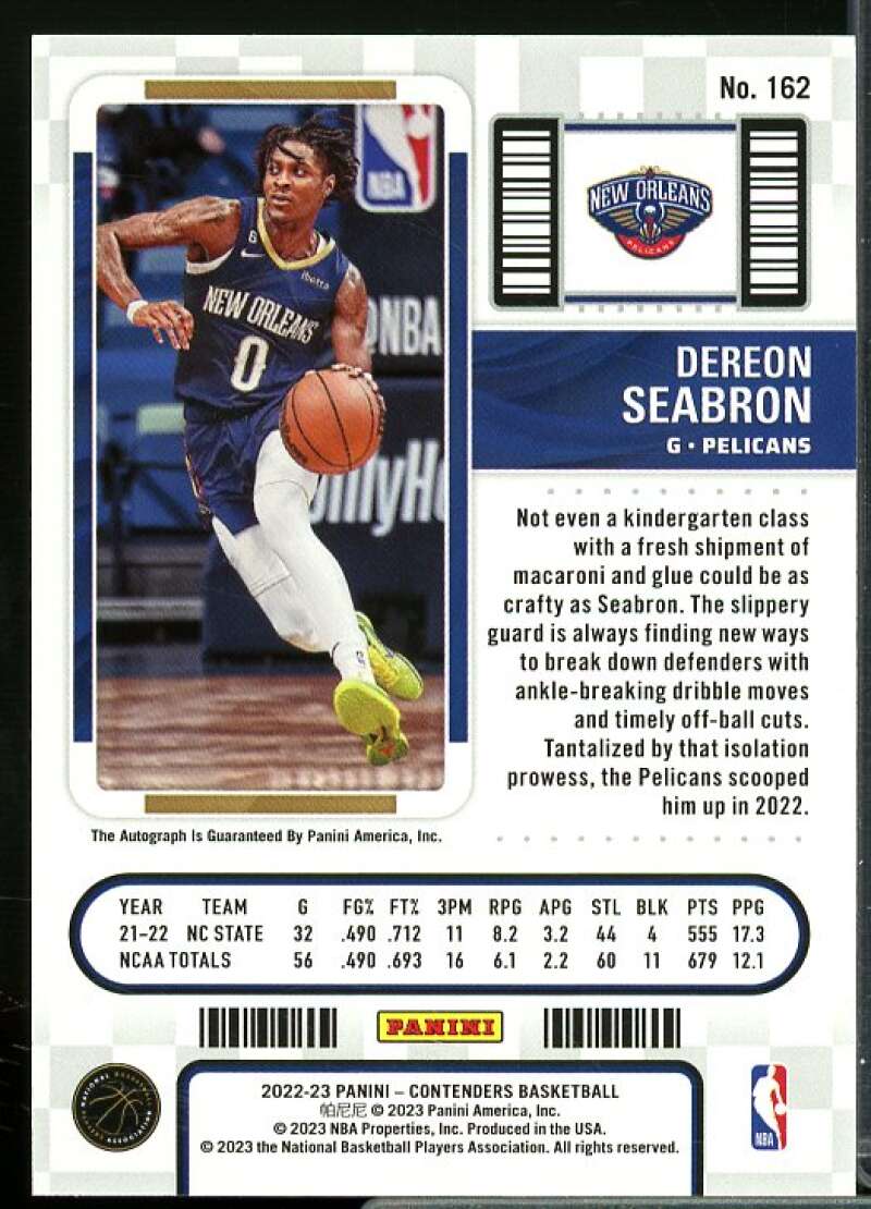 Dereon Seabron Rookie Card 2022-23 Panini Contenders Retail #162  Image 2