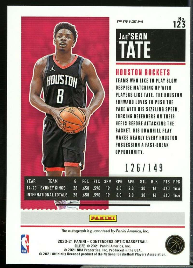 Jae'Sean Tate AU/149 Rookie Card 2020-21 Panini Contenders Optic Red #123  Image 2