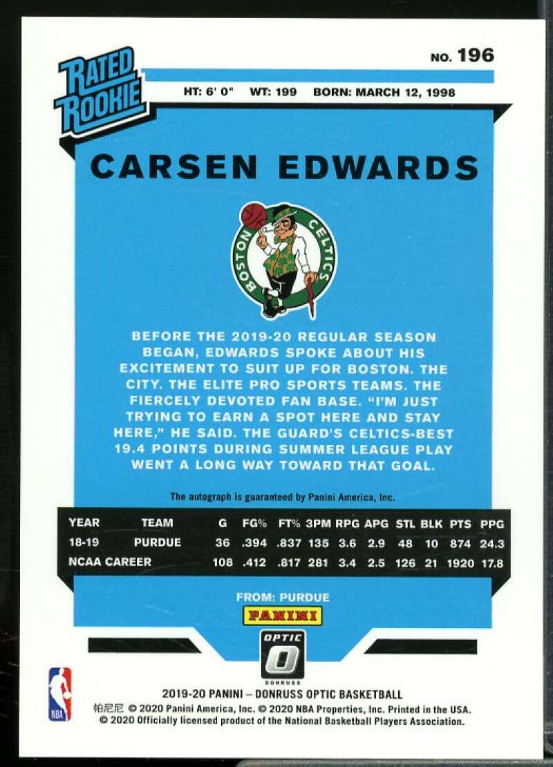 Carsen Edwards Rookie Card 2019-20 Donruss Optic Rated Rookies Signatures #196  Image 2