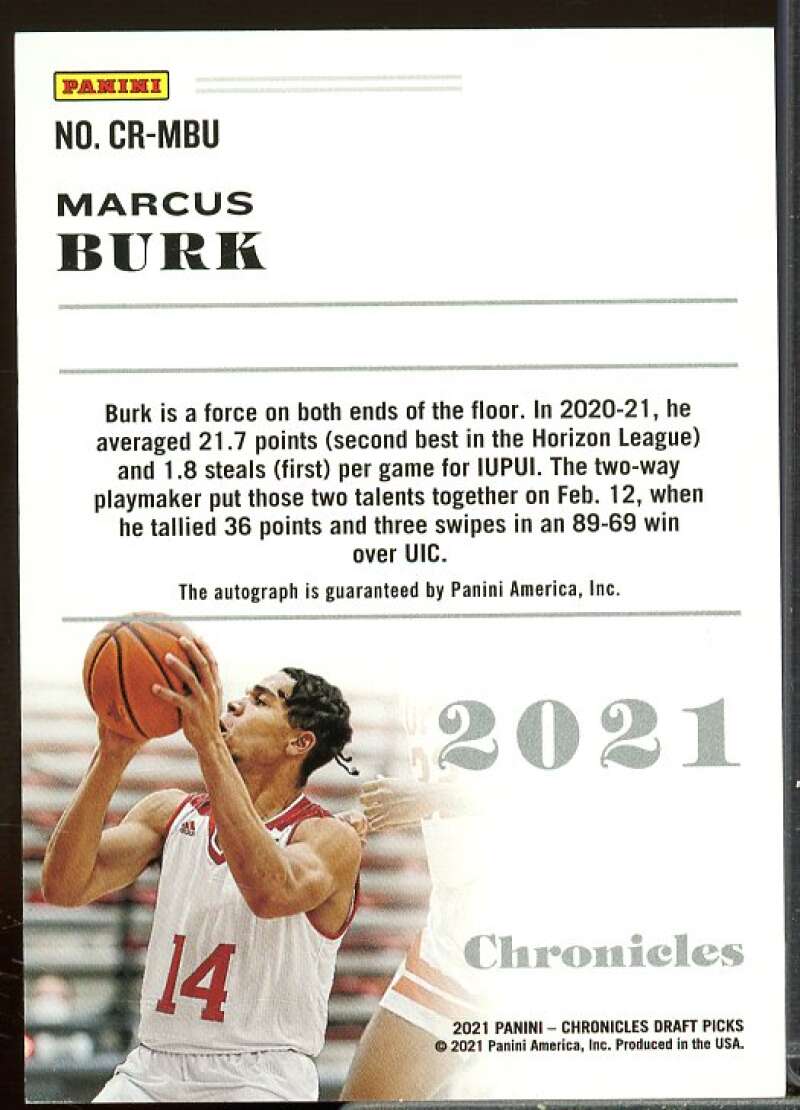 Marcus Burk 2021-22 Panini Chronicles Draft Picks Rookie Signatures Black #48  Image 2