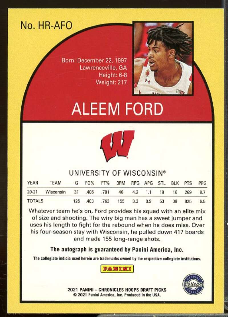 Aleem Ford 2021-22 Panini Chronicles Draft Picks Hoops Retro Autographs #31  Image 2