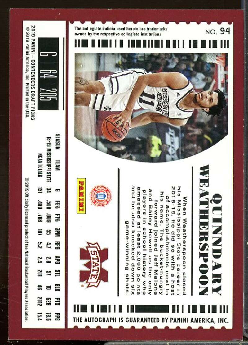 Quinndary Weatherspoon AU Rookie Card 2019-20 Panini Contenders Draft Picks #94  Image 2