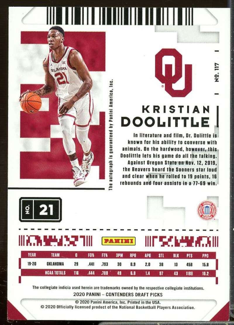 Kristian Doolittle 2020-21 Contenders Draft Prospect Ticket Auto Green #117  Image 2