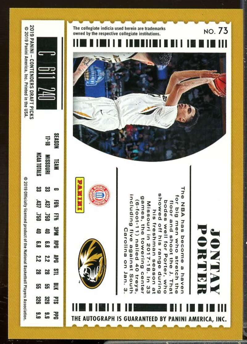 Jontay Porter AU Rookie Card 2019-20 Panini Contenders Draft Picks #73  Image 2