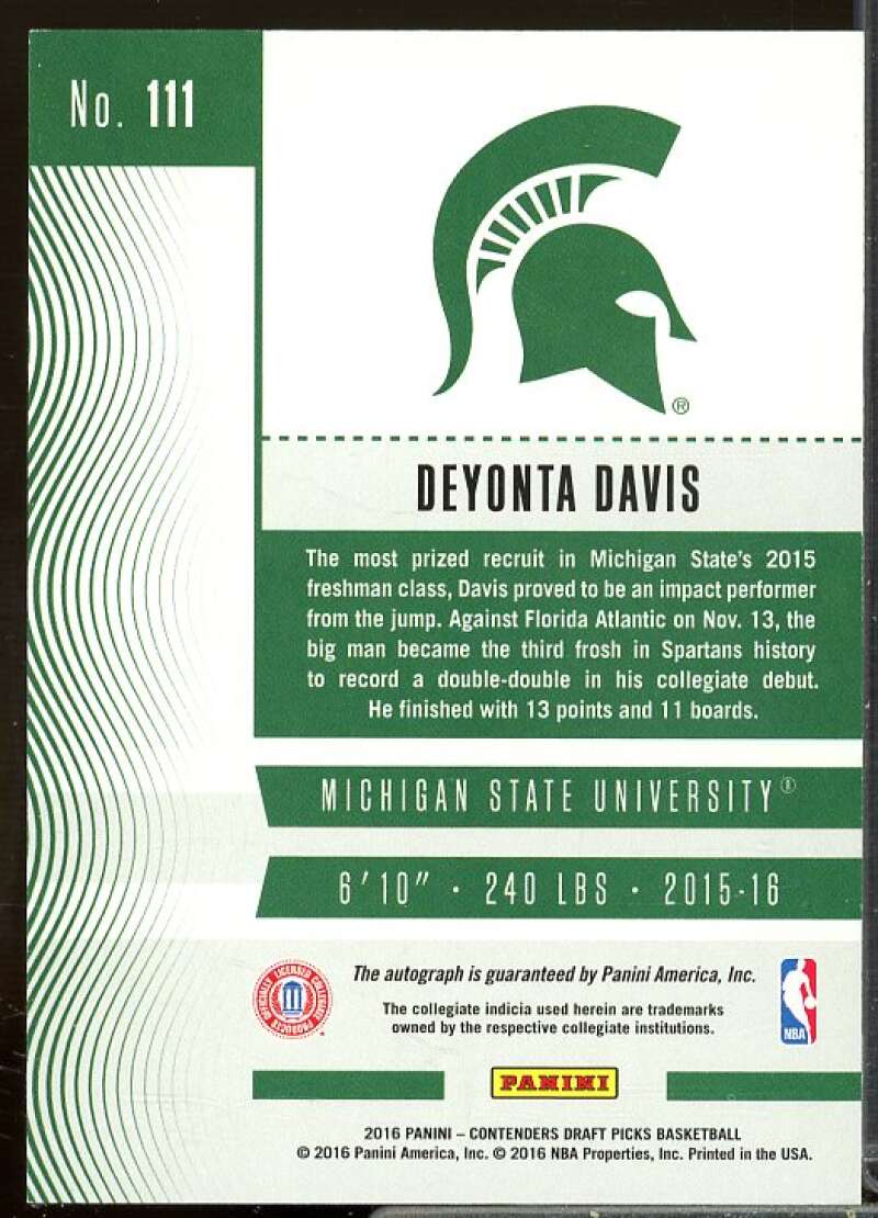 Deyonta Davis AU/Dribbling Rookie 2016-17 Panini Contenders Draft Picks #111A  Image 2