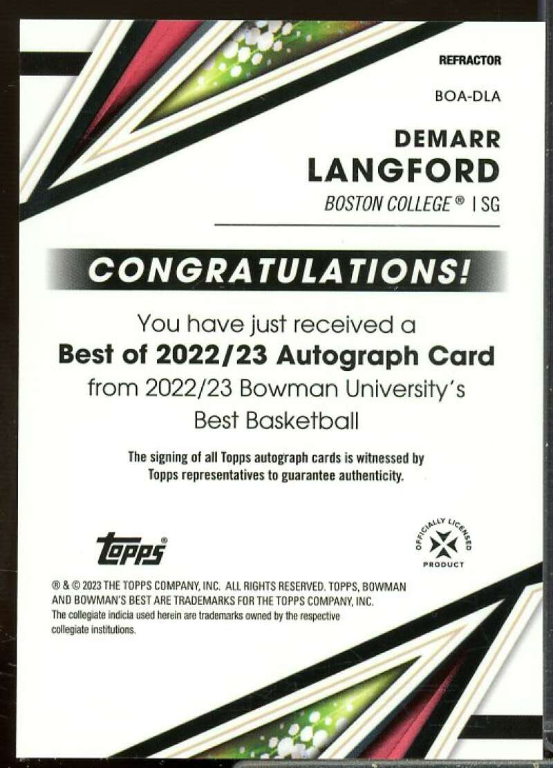 Demarr Langford 2022-23 Bowman's Best U Best of '22 Auto Refractors #BOADLA  Image 2