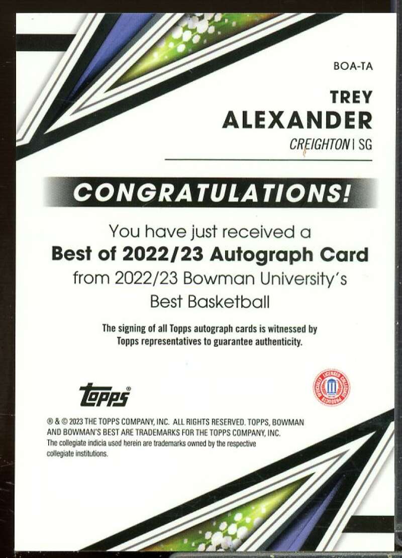 Trey Alexander 2022-23 Bowman's Best University Best of '22 Autographs #BOATA  Image 2