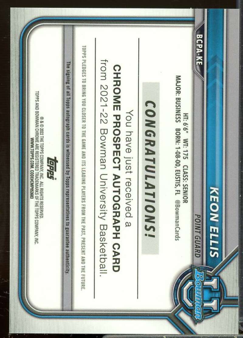 Keon Ellis Rookie Card 2021-22 Bowman Chrome University Autographs #BCPAKE  Image 2