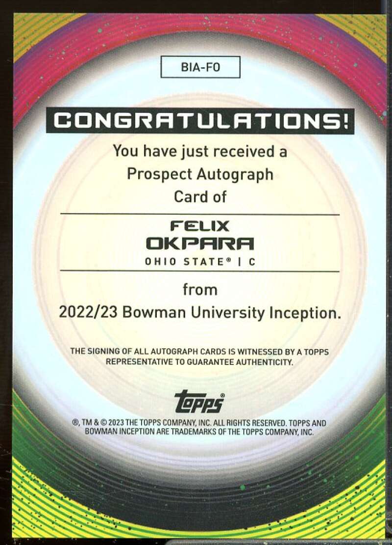 Felix Okpara Rookie Card 2022-23 Bowman Inception University Autographs #BIAFO  Image 2