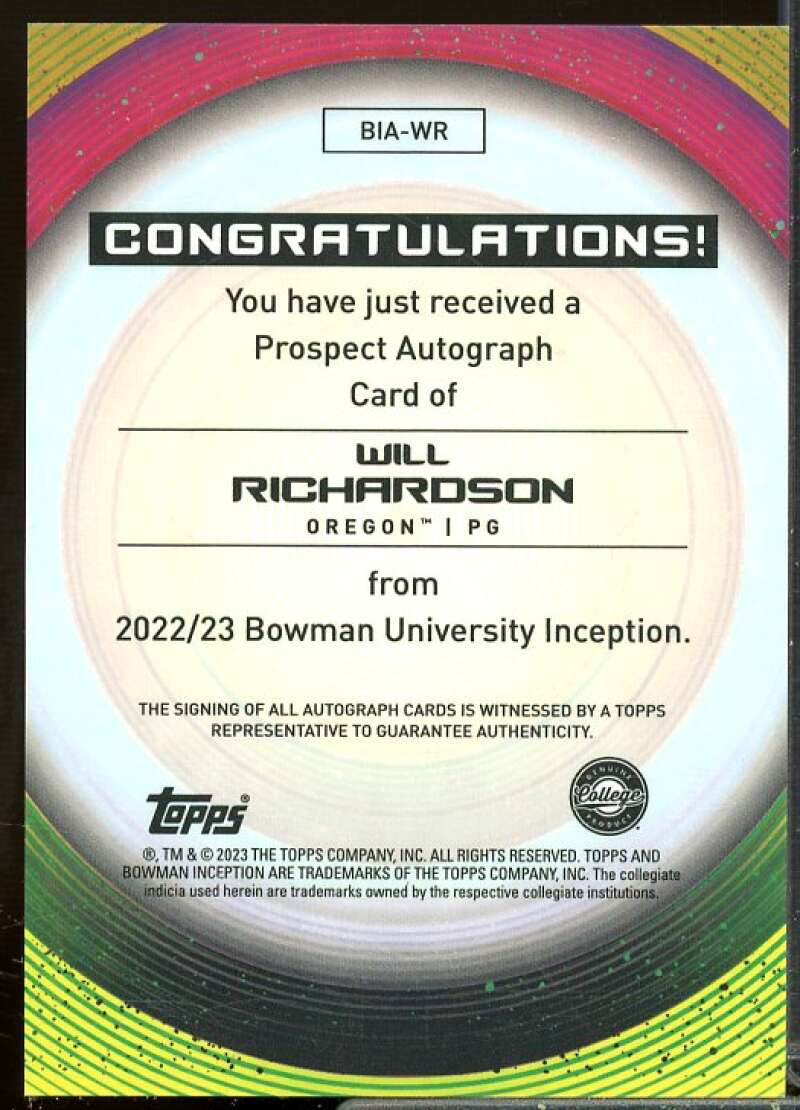 Will Richardson Rookie 2022-23 Bowman Inception University Autographs #BIAWR  Image 2