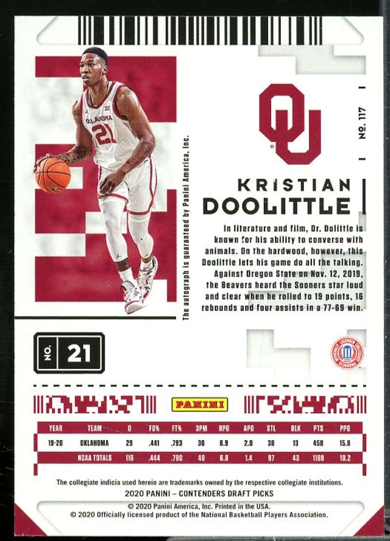 Kristian Doolittle AU Rookie Card 2020-21 Panini Contenders Draft Picks #117  Image 2