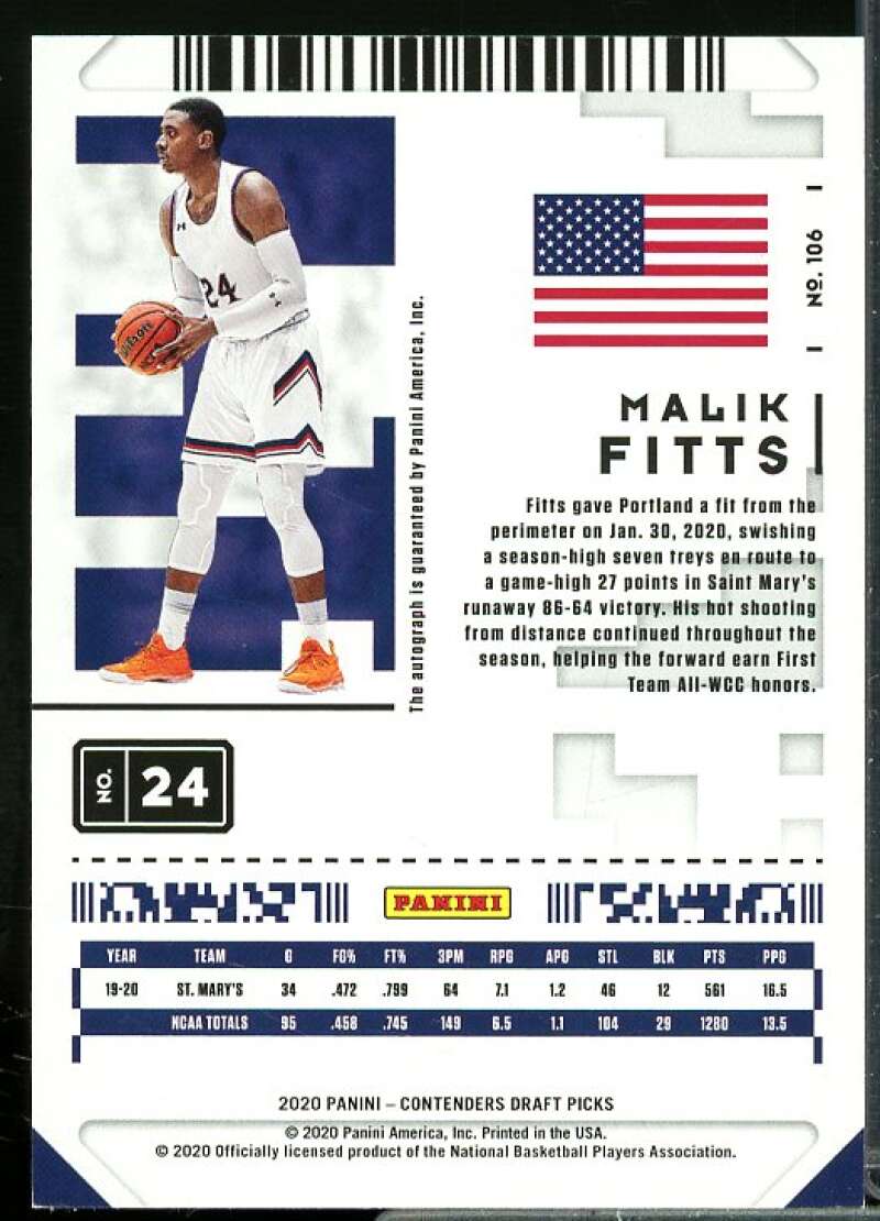 Malik Fitts AU Rookie Card 2020-21 Panini Contenders Draft Picks #106  Image 2