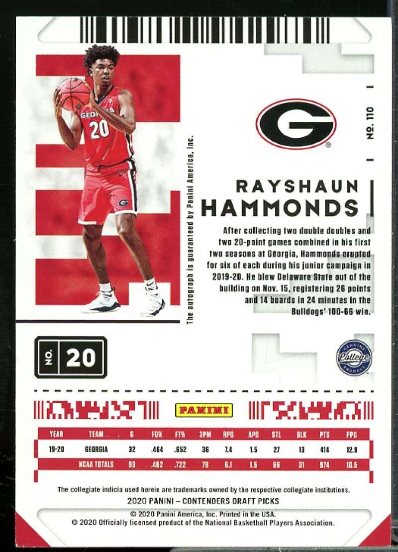 Rayshaun Hammonds AU Rookie Card 2020-21 Panini Contenders Draft Picks #110  Image 2