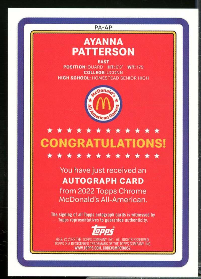 Ayanna Patterson 2022 Topps Chrome McDonald's All American Gameday Auto #PAAP  Image 2