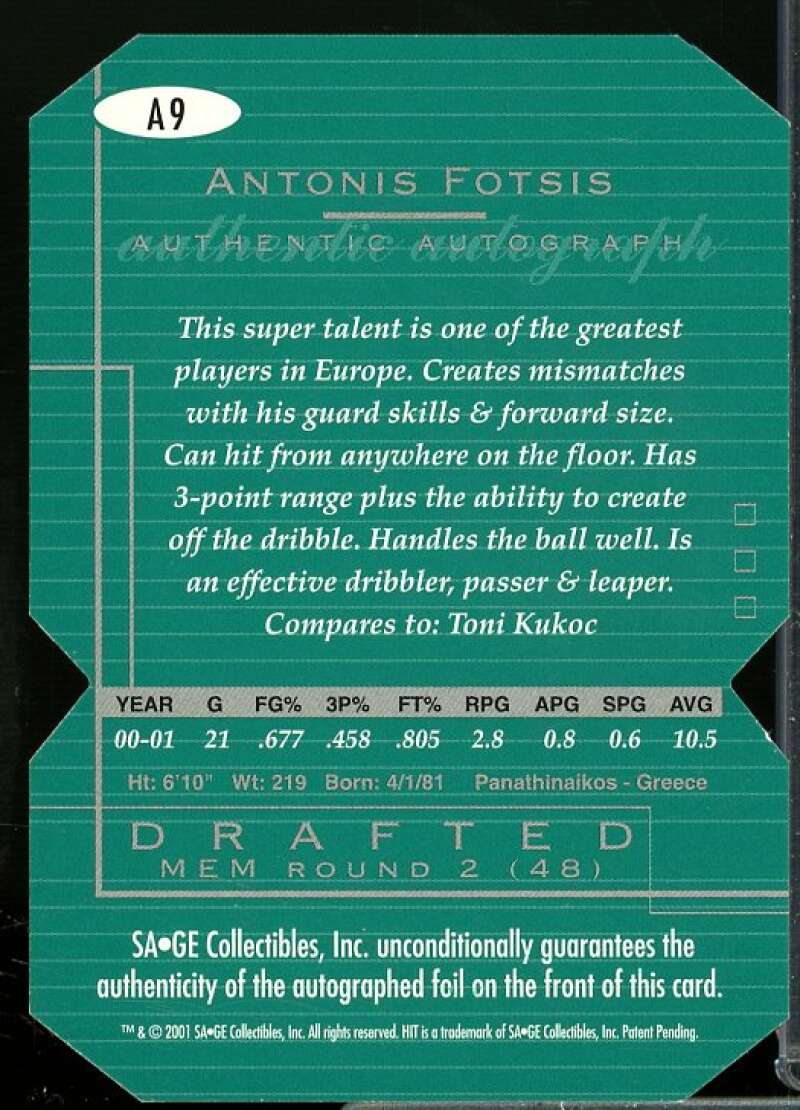 Antonis Fotsis Rookie Card 2001 SAGE HIT Autographs Rare Cut #A9  Image 2