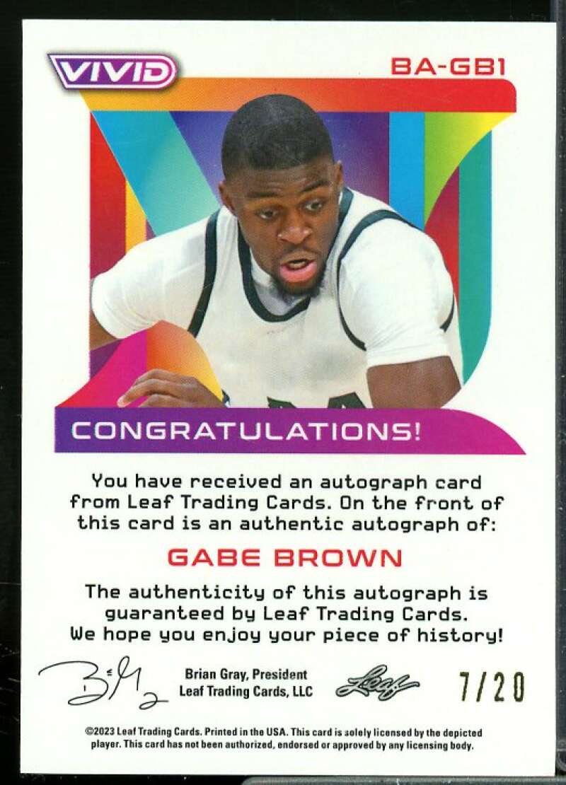 Gabe Brown Rookie Card 2022-23 Leaf Vivid Technicolor Black #TGB1  Image 2