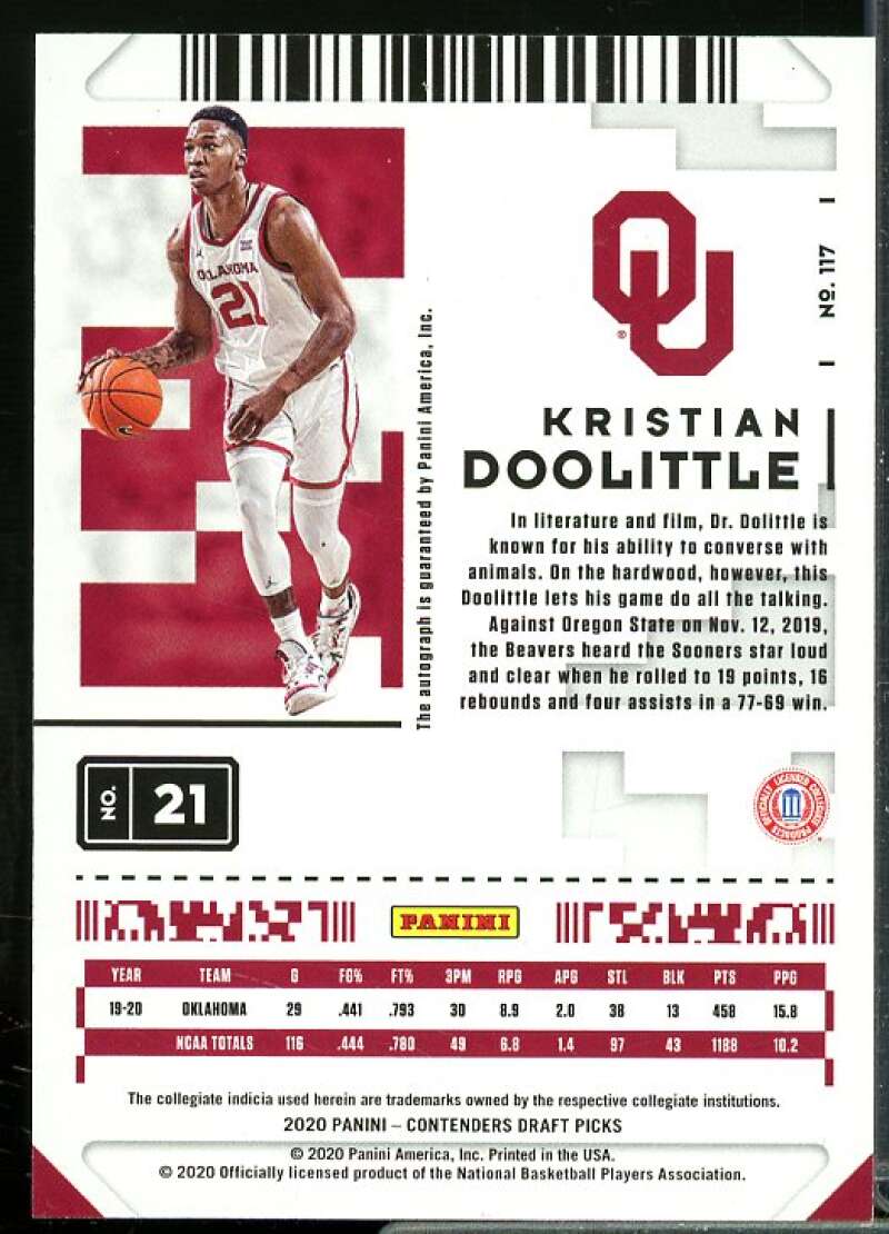 Kristian Doolittle AU Rookie Card 2020-21 Panini Contenders Draft Picks #117  Image 2